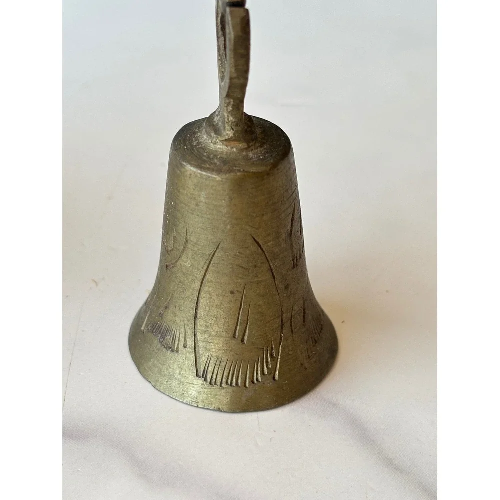 Vintage Etched Brass Hand Bell Small Decorative Metal Bell